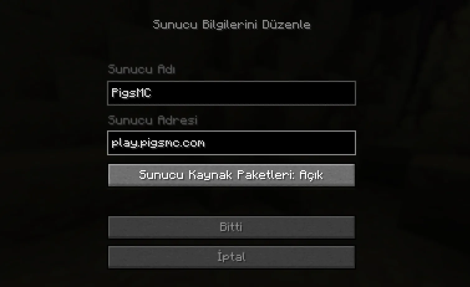Minecraft Sunucu Ekle ekranında play.pigsmc.com adresi